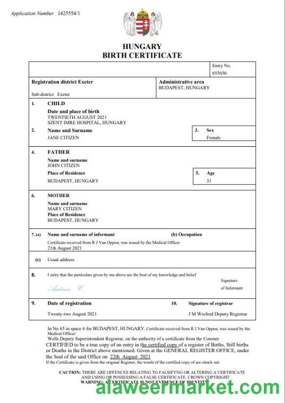 Hungary vital record birth certificate Word and PDF template